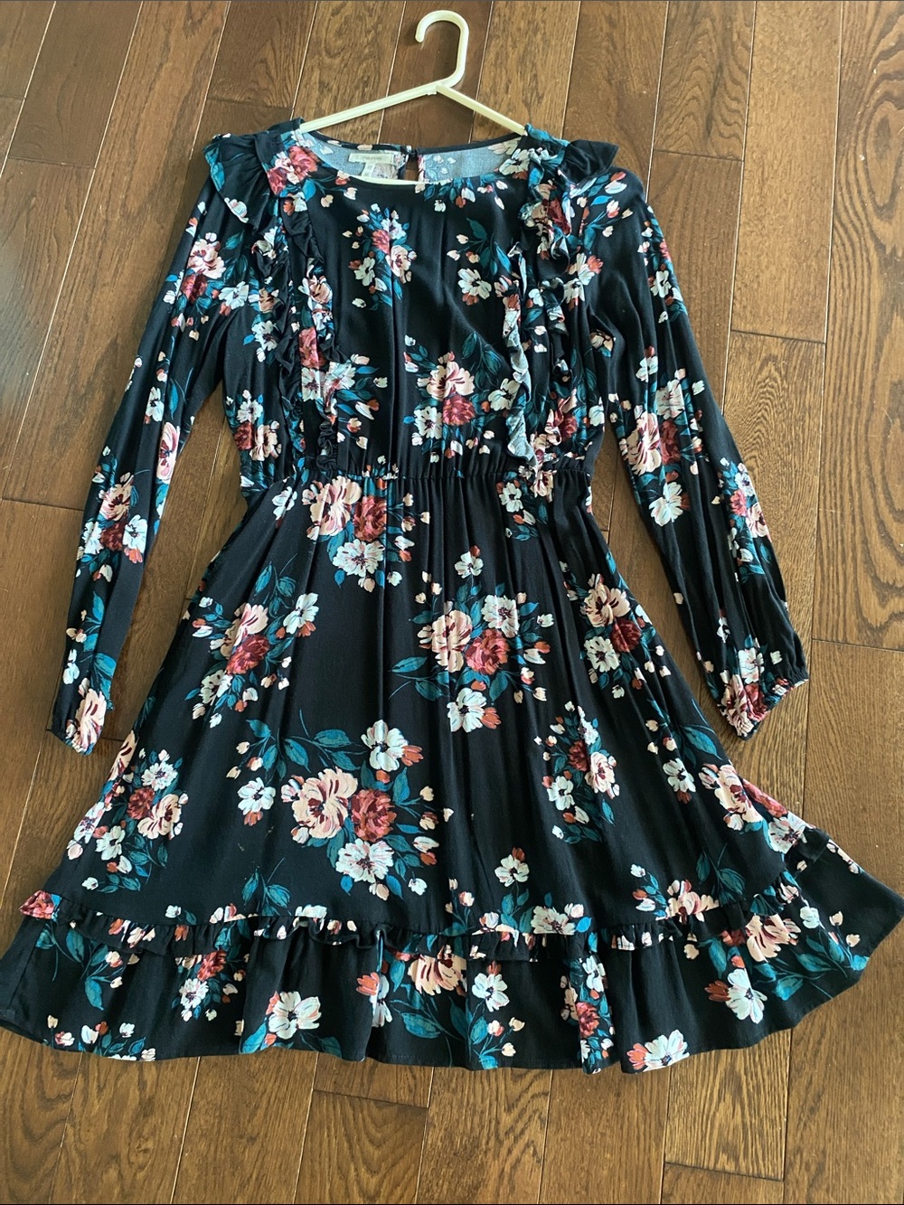 Maurices Black Floral Ruffle Long-Sleeve Casual Dress